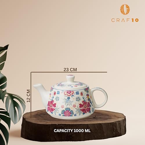 Image of CRAF10 Ceramic Handcrafted Botanic BlissTea Morning Set - 1 Kettle (1 Litre) & 6 Cups (160 ML) | Microwave & Dishwasher Safe | Teapot | Tea Sets with Kettle for Gifting