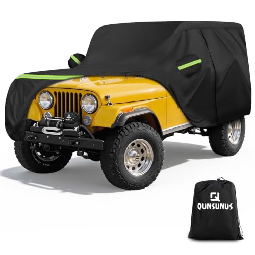 Image of QUNSUNUS Car Cover for Jeep CJ7 Waterproof with Cotton Inner, Zipper, Strap | Heavy 420D Oxford Outdoor All-Weather CJ7 Covers, with Elastic Hems and Double-stitched Seams, for Dust, Sun, Wind Protection