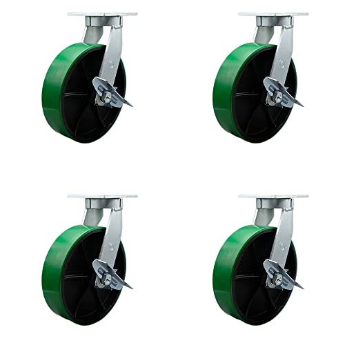 10 Inch Swivel Top Plate Caster Set Extra Heavy Duty Casters with Green Polyurethane on Cast Iron Wheels-Includes 4 Swivel with Top Lock Brakes and Bolt on Swivel Locks-Set of 4 - Service Caster Brand