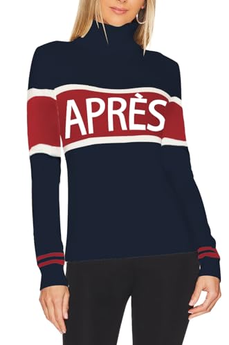 ALPSWARE Women Turtleneck Sweaters Stripe Sleeve Lightweight Shirts Apres Ski Tops Fashion Winter Thermal Outfits Navy S
