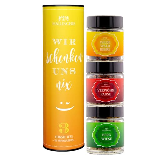 Hallingers Genuss Manufaktur Tee Geschenk-Set - 3 Sorten premium loser Tee in Gläsern Probierset in edler Geschenk-Dose Wir schenken un... vegane Tees Geschenkidee für Frauen Männer