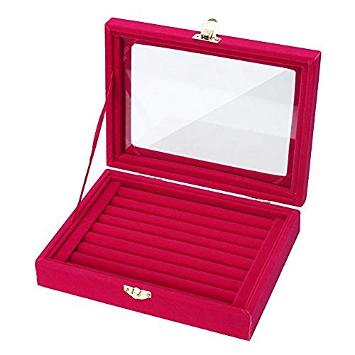 Bestenrose Samt Glas Ring Display Box Ohrringe Veranstalter Schmuck Schmuck Tray Display Showcase Aufbewahrungskoffer (Rot) Cover