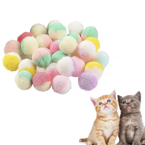 Thxutm Pelotas de juguete para gatos, 50 bolas de pompón suaves de alta calidad para gatitos, juguetes interactivos divertidos de pompones para gatos aburridos de interior jugando bolas de felpa para