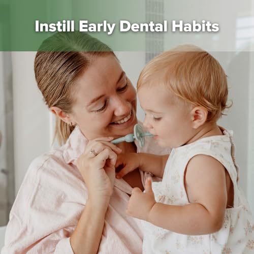 Image of haakaa 360 Baby Toothbrush with Suction Base - Pea Green | Gentle Cleaning for Infants, Gum Massage, BPA-Free, Food-Grade Silicone, Adjustable Safety Shield, Safe for Babies 6 Months+