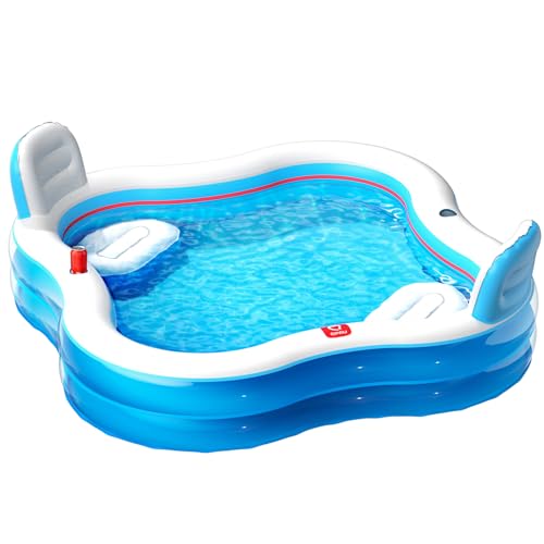 QPAU Inflatable Swimming Pool with 2 Seats and Backrests, 80' L x 80' W x 16.5' D Large Full-Sized Family Pools for Kids and Adults for Backyard, Garden, Outdoors, Clear Blue