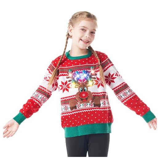 Giggling Getup Suéter feo de Navidad para niños, suéter feo de reno navideño con luz LED, suéter feo de vacaciones para niños, rosso, 8-10 años