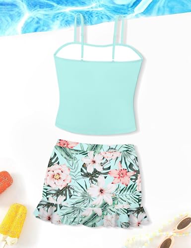 Image of Girls Tankini Bathing Suits Size 12-14 Two Piece Tropical Print Pleated Tween Girls Swimsuits Adjustable Straps with Ruffle Drawstring Beach Skirt Swimwear Blue Plant 13-14 Years