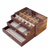 Joyero de madera vintage con cubierta acrílica, organizador de 3 niveles para anillos, aretes, collares, caja de almacenamiento con acabado de nogal con separadores extraíbles (tres capas 18+6)