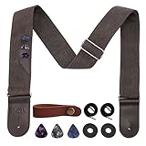 Juego de correas de guitarra profesional: Nuestra correa de guitarra vienen con todo lo que necesita un guitarrista profesional, 1 correa de guitarra universal suave, 2 correas, 3 púas de diferentes grosores, 2 almohadillas de guitarra y 1 hebilla de cuero, la correa y la cuerda se pueden utilizar para colgar la guitarra. Las correas pueden utilizarse como hebillas antideslizantes para sujetar la correa y la guitarra.