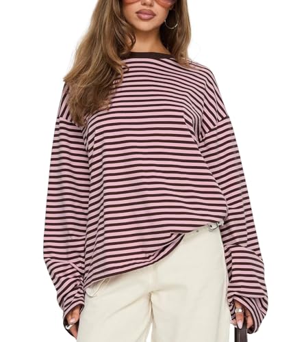 Foidiccx Striped Long Sleeve T Shirt Women Teen Girl Y2k Fairy Grunge Oversized Crewneck Vintage Tops Fall Winter Drop Shoulder Cute Preppy Loose Going Out Tee Pullover