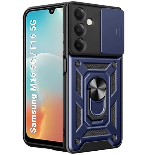 Image of TheGiftKart Tough Armor Bumper Back Cover Case for Samsung Galaxy M16 5G / F16 5G | Sliding Camera Cover, Kickstand & Ring Holder | 360 Protection Back Case for Samsung M16 / F16 5G (PC & TPU, Blue)