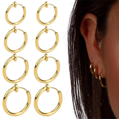 4 paires de boucles d'oreilles à clips en acier inoxydable, fausses boucles d'oreilles non percées pour femmes, boucles d'oreilles créoles à clipser, or