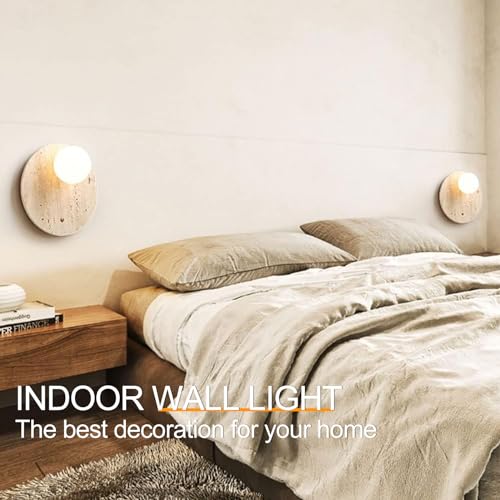 Image of Stone Wall lamp Set of 2 with Glass Lampshade Indoor Round Travertine Wall Sconce G9 Base Wall Lights Fixtures with Switch for Bedroom Living Room Bathroom Vanity
