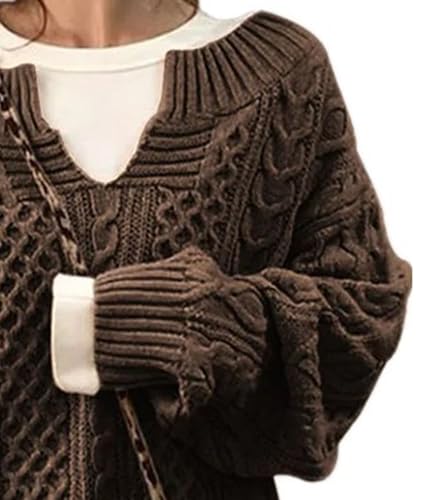 SOMTHRON Women's Winter Chunky V Neck Sweater Long Sleeve Loose Cable Ribbed Knit Pullover Jumper Tops4