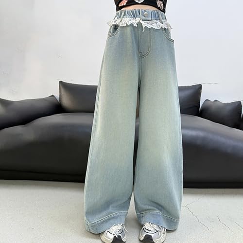 Raw Hem Wide Leg Jeans for Youth Girls Lace Elastic Waist Baggy Denim Pants Compy Cotton Trousers Streetwear with3