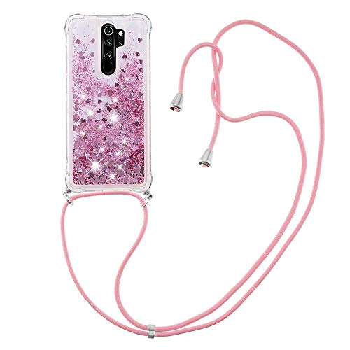 MRSTER Funda con Cuerda para Xiaomi Redmi Note 8 Pro, Bling Glitter Líquido Carcasa Moda Ajustable Collar Correa Protección Case para Xiaomi Redmi Note 8 Pro. LP Love Rose Cover