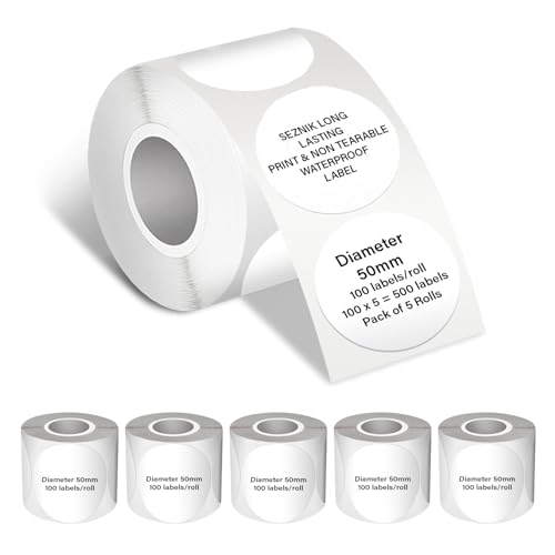 Image of Seznik Waterproof, Non-Tearable, Sticky Thermal Labels, Round Shape, 50mm Diameter, 2 inch Self-Adhesive Thermal Paper for Mini Printer (Waterproof - 50mm Diameter - 500 Labels)
