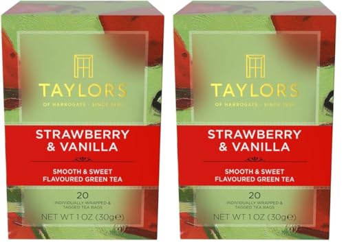 Image of Taylors of Harrogate Strawberry & Vanilla, Green Tea, Individually Wrapped Bags, Smooth, Juicy and Sweet, Caffeinated, Enjoy Hot or Iced, 20 Count (Pack of 2)
