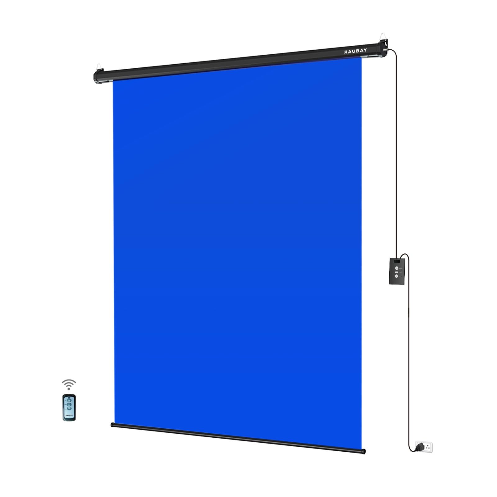 RAUBAY Motorized Pull Down Blue Screen - 59.8" x 86.6" Collapsible Wall-Mount Background for Professional Video Production, Chroma Key Backdrop for