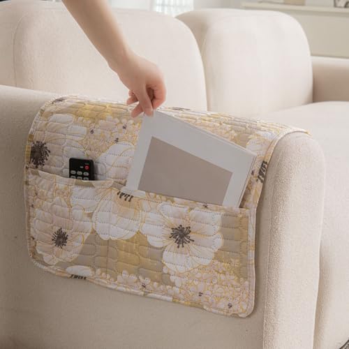 Image of HOMETHREADS Anti-Skid Sofa Protector Mat: Premium Printed Cotton Slipcover with Strong PVC Non-Slip Backing, (White Yellow, 2Pc Armrest Mat | 50x75cm)