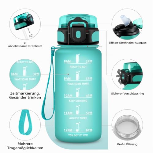 KollyKolla Trinkflasche 500ml，Trinkflasche mit strohhalm, Sport Trinkflasche mit Zeitmarkierung… – Ansicht 2