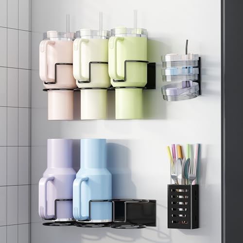 Magnetic Cup Holder for Refrigerator, Fits Stanley 20/30/40 oz Tumblers, Water Bottles Organizer with Lid Rack & Straw H - Detailed View