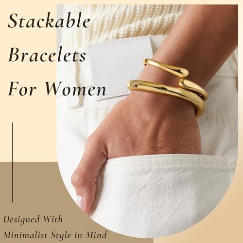 Gold Bangle Bracelets for Women Cuff Stackable Waterproof Non Tarnish Bracelet Stack Silver Plated 14k Chunky Bangles Jewelry Set for Woman3