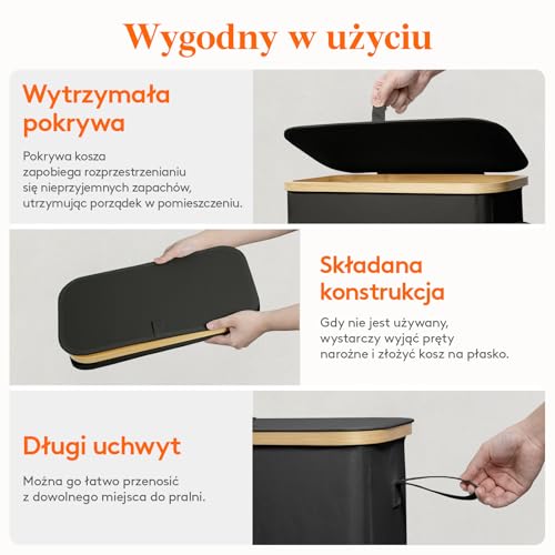 Lifewit Wąski Kosz na Pranie, Kosz na Bieliznę Brudną z Pokrywą, Laundry Basket z Bambusową Ramą, Wyjmowany Worek i Uchwyt, Do Sypialni, Łazienki, Pralni, 65L, Czarny