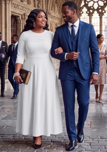 Image of FANDEE Fit-and-Flare Maxi Dress Round Neck Pleated Front Side Pockets | Front pleats soft flatter your bust shape; Empire Waist lengthen your figure; 3 /4 sleeves round neck suit for many occasions
