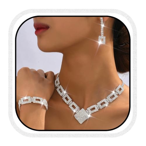Unicra Crystal Bridal Wedding Jewelry Set Silver Rhinestone Necklace Earrings Bracelet Sets Formal Costume Jewelry for Women and Brides