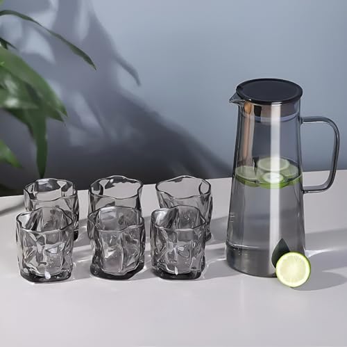Image of Premium Black Water and Juice Glasses Set of 6 300ML and 1.8 Liter Water Jug 1 Piece,Transparent Glass and Jug Set for Dining Table,Party,Gift Set,All pourpse use (7 Piece) (MT-12)