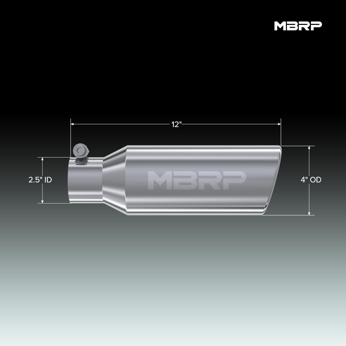 MBRP T5150 4" O.D. 2.5" Inlet 12" Length T304 Stainless Steel Angled Cut Rolled End Clampless Exhaust Tip