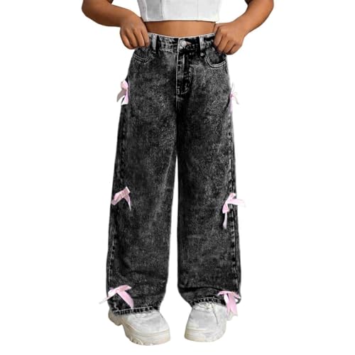 Girl's Bowknot Print Washed Jean Elastic Waist Cute Jeans for