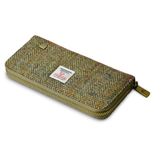 Image of Islander HarrisTweed & PU Leather women's long zip purse, Carry Cash & card, Scottish Style, Chestnut Herringbone