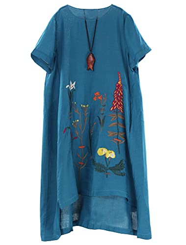 FTCayanz Damen Leinen Tunika Kleider Sommer Boho Gestickt Leinenkleider Strand Sommerkleider mit Taschen Art 1-Blau XXL