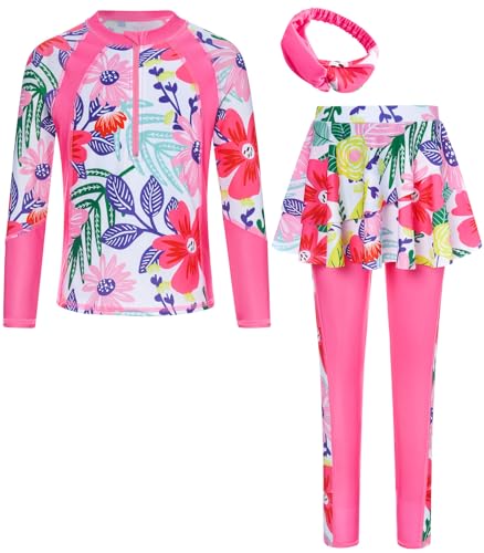 Image of Girls Long Sleeve Rashguard Half Zip Swimsuits UPF 50+ Two Piece Swim Sets with Hairband 5-12Y | Two Piece Swim Sets with Hairband