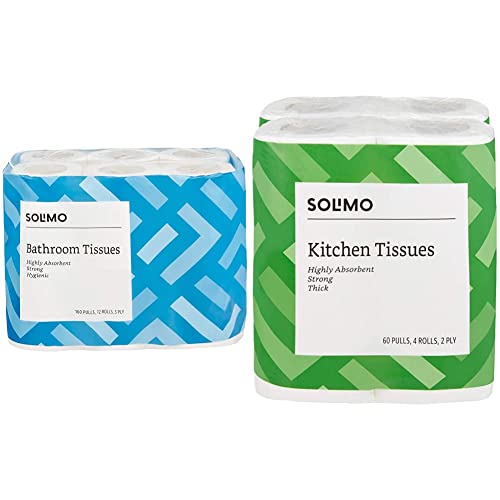 Image of Amazon Brand - Solimo 3 Ply Toilet Paper /Tissue Roll - 12 Rolls (160 Pulls Per Roll) & 2 Ply Kitchen Tissue Paper Roll - 4 Rolls (60 Pulls Per Roll)