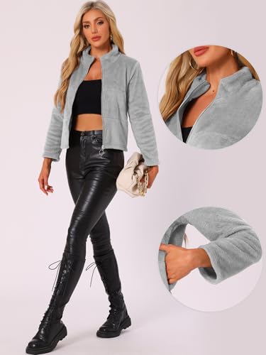 Allegra K Cropped Fleece Jacket for Women's Zip Up Faux Fur Jacket2