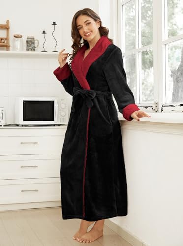 Image of Hellomamma Premium Long Robes for Women-Super Plush Soft Fleece Bathrobes Black X-Large