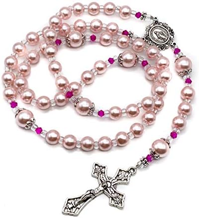 Nazareth Store Pink Pearl Rosary Beads Long Beaded Catholic Rosary Necklace with Miraculous Medal and Cross
