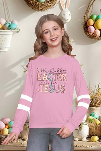 Image of LAZYCHILD Kids Easter Shirt Girls Happy Easter Shirts Rabbit Graphic Long Sleeve Striped Tee Tops 5-14 Years