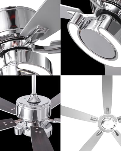 Image of 52 Inch Silver Ceiling Fans with Lights, Creative Modern Ceiling Fan and Remote for Bedroom Living Room with 3CCT, 6 Speeds, Quiet, Dual-Sided Reversible 5 Blades Indoor Outdoor Chandelier Fan