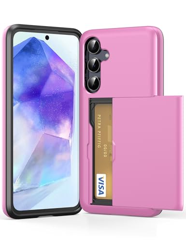 ACOCOBUY for Samsung Galaxy A55 Case with Card Holder Sliding Cover Hidden Pocket IDs Credit Cards Slot Heavy Duty Shockproof Protective Dual Layer Wallet Phone Cover Back Shell Men Women 6.6inch pink