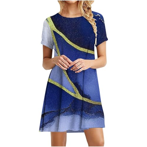 Royal Blue Casual for Women Fall Summer Short Sleeve Crew Neck Spandex Color Block Geometry Print Midi Knee High Loose Fit Dresses Ladies 2025 Clothes Fashion L