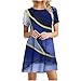 Royal Blue Casual for Women Fall Summer Short Sleeve Crew Neck Spandex Color Block Geometry Print Midi Knee High Loose Fit Dresses Ladies 2025 Clothes Fashion L