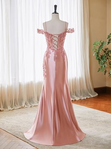 Mermaid Satin Prom Dresses 2025 Lace Applique Off Shoulder Formal Evening Gown with Slit2