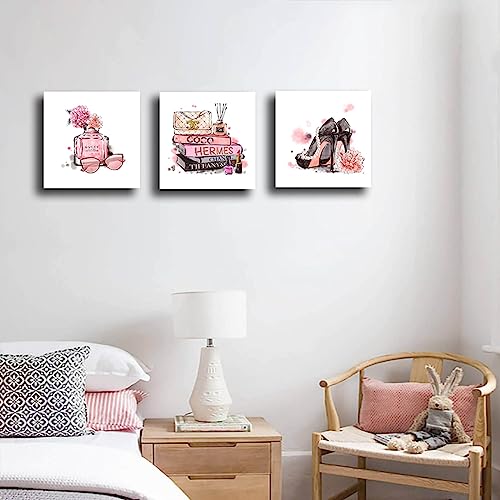 Image of Meetdeceny Pink Wall Art Fashion Woman Wall Decor Pictures Perfume High Heels handbag Artwork for teen girls room decor photos Decoration for Bathroom Bedroom Office 14 inchx14 inchx3