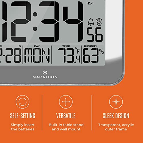 Marathon Crystal Framed Atomic Wall Clock, Silver - Large, 7.5-Inch Display - Am/Pm Or 24-Hour Time Format, Eight Time Zones, Indoor Temperature & Humidity - Two Aa Batteries Included #TOP2