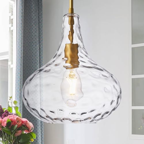 Image of 11 inch Clear Hammered Glass Pendant Light, Gold Finish, E26