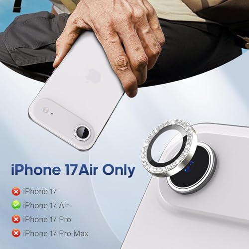 Image of CLITZ for iPhone 17 Air Camera Lens Protector Bling, Individual Diamond Metal Ring with 9H Hardness, Scratch-Proof Camera Screen Protector, Stylish Accessories, Case Friendly (Silver)